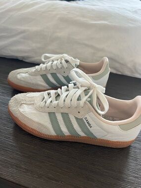 adidas Samba Sneakers in White & Sage with Gum Sole